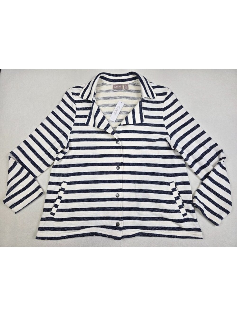 NEW Chicos Size 2 Large Navy Striped Button-Front Sweater Jacket